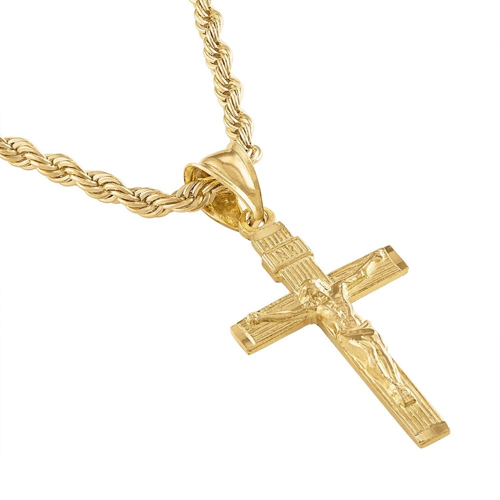 Angelus de Leon 14K Gold Style Rope Chain Cross Pendant Necklace 5MM Cross Ne...