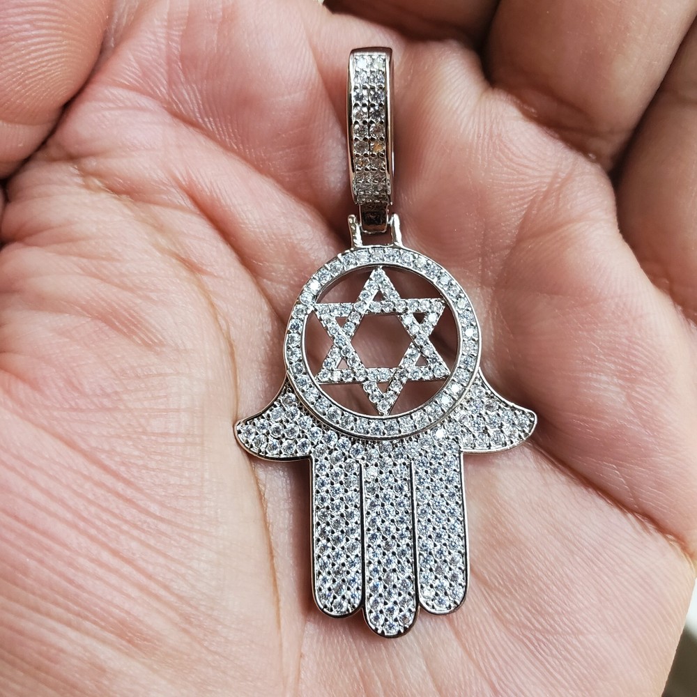 Hamsa Hand  & Star of David Pendant, White Gold Plated Brass with AAA CZ Stones
