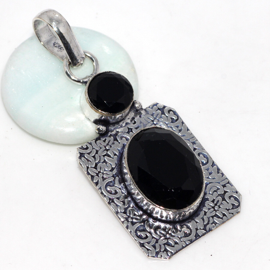 Black Onyx 925 Silver Plated Handmade Long Gemstone Pendant 2 Inch JW New Arrival