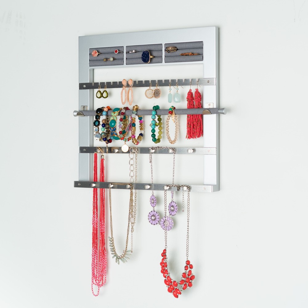 Silver Wood Wall Hanging Jewelry Organizer Rack