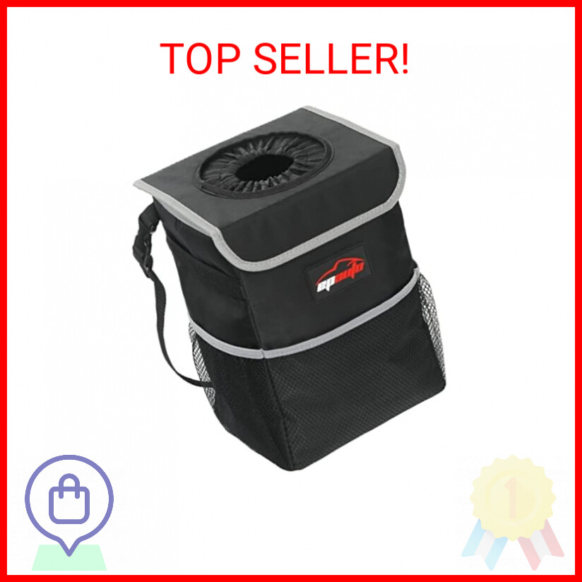 EPAuto Waterproof Car Trash Can with Lid and Storage Pockets, Black