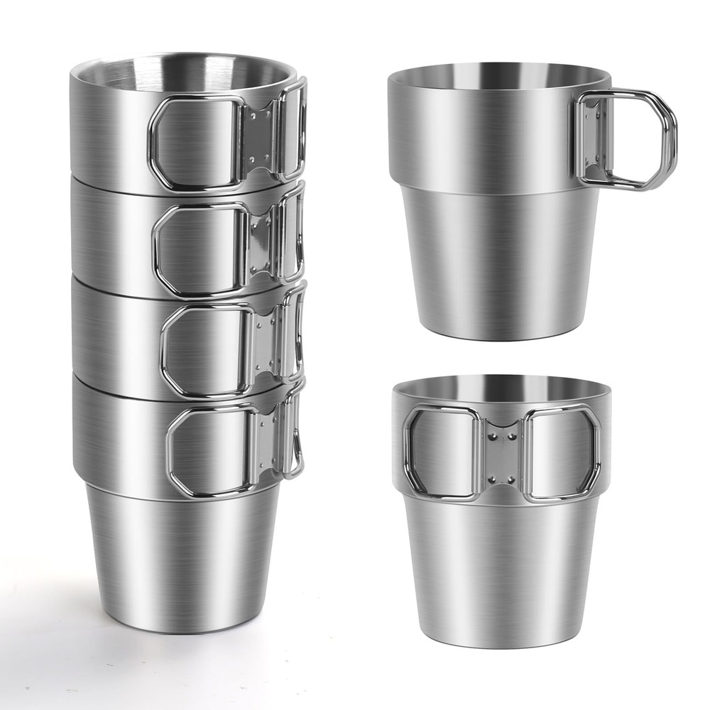4-Pack 10oz Stainless Steel Camping Cups with Foldable Handle for Coffee Outdoor Travel