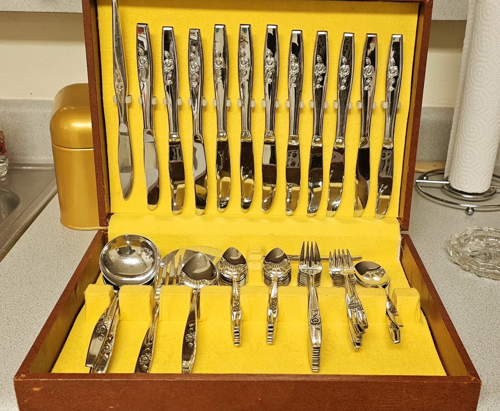 Scientific Stainless Steel  64 Pieces Rose Design By Onieda Ltd In Case