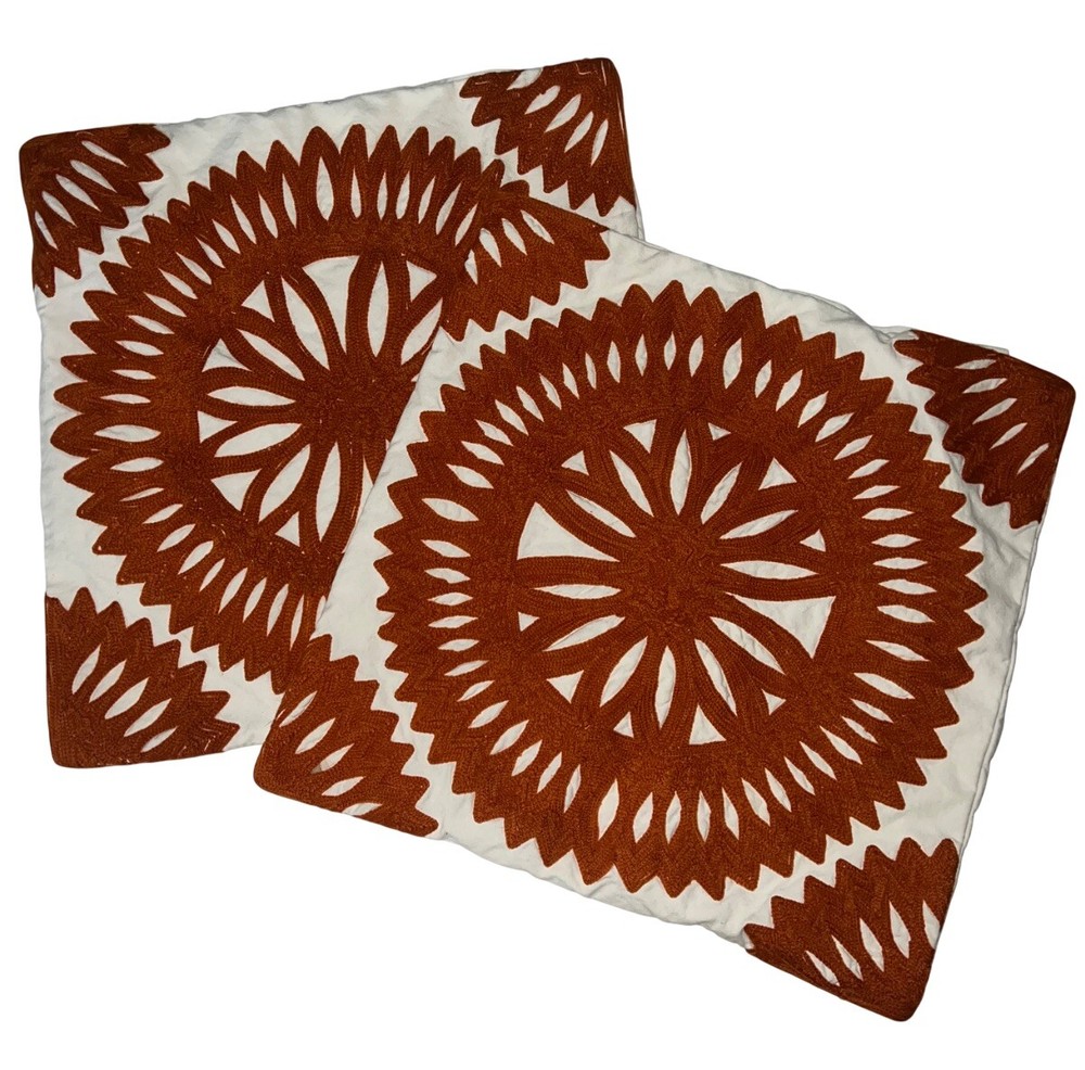 Pottery Barn Orange White Medallion Embroidered Throw Pillow Covers Set 2 18x18