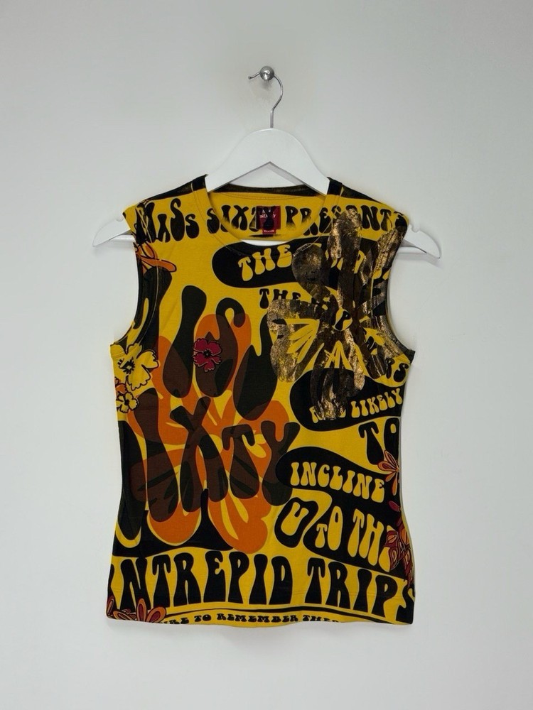 Miss Sixty Vintage 2000s Y2k Style Yellow Graphic Print Vest Top Women’s Size M