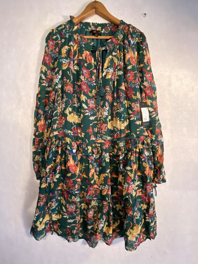 FRYE Floral dress size Small Tie split neck ruffle tiered green BoHo NWT New