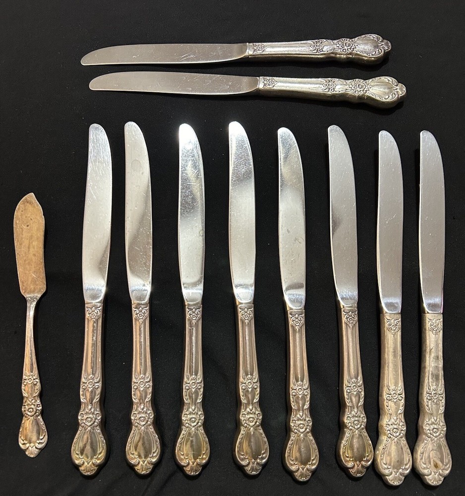 10 Vtg 1847 Rogers Bros Silver Plate Heritage Dinner Knives 9” & 1 Butter Knife