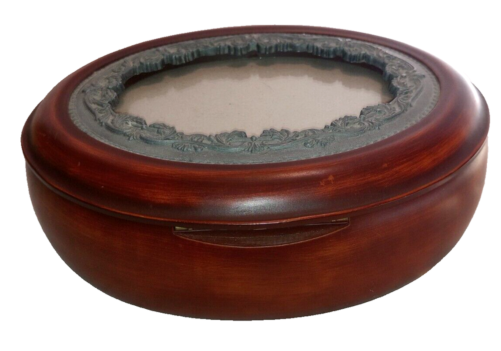 Cherry  Finish Oval Keepsake Box with Pewter Picture Frame Lid Jewelry Box