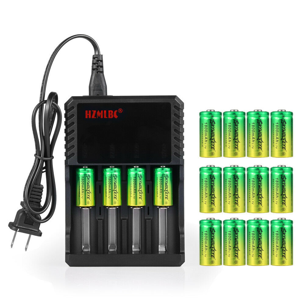 16pcs SkyWolfEye 16340 Battery 3.7V 1800mAh Rechargeable Cell +4 Slot Charger
