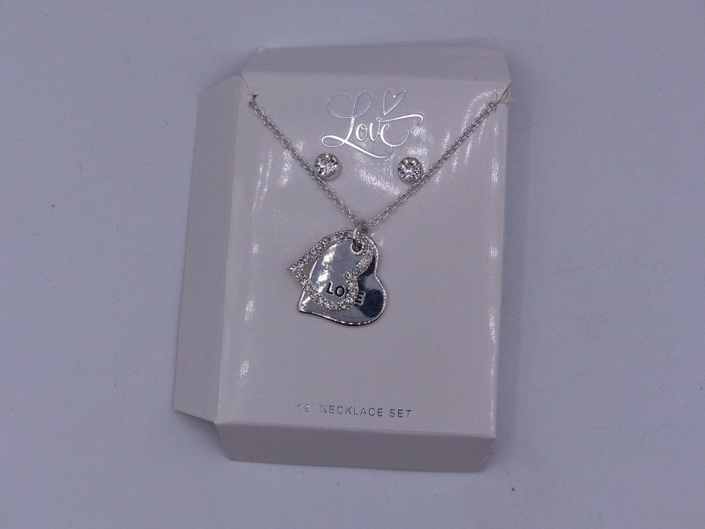 Double Heart Silver Necklace with Rhinestones & Matching Stud Earrings-image
