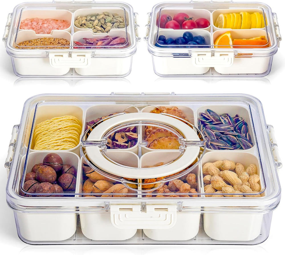 3-Piece Divided Snacklebox with Lid & Handle – Leakproof Charcuterie Tray