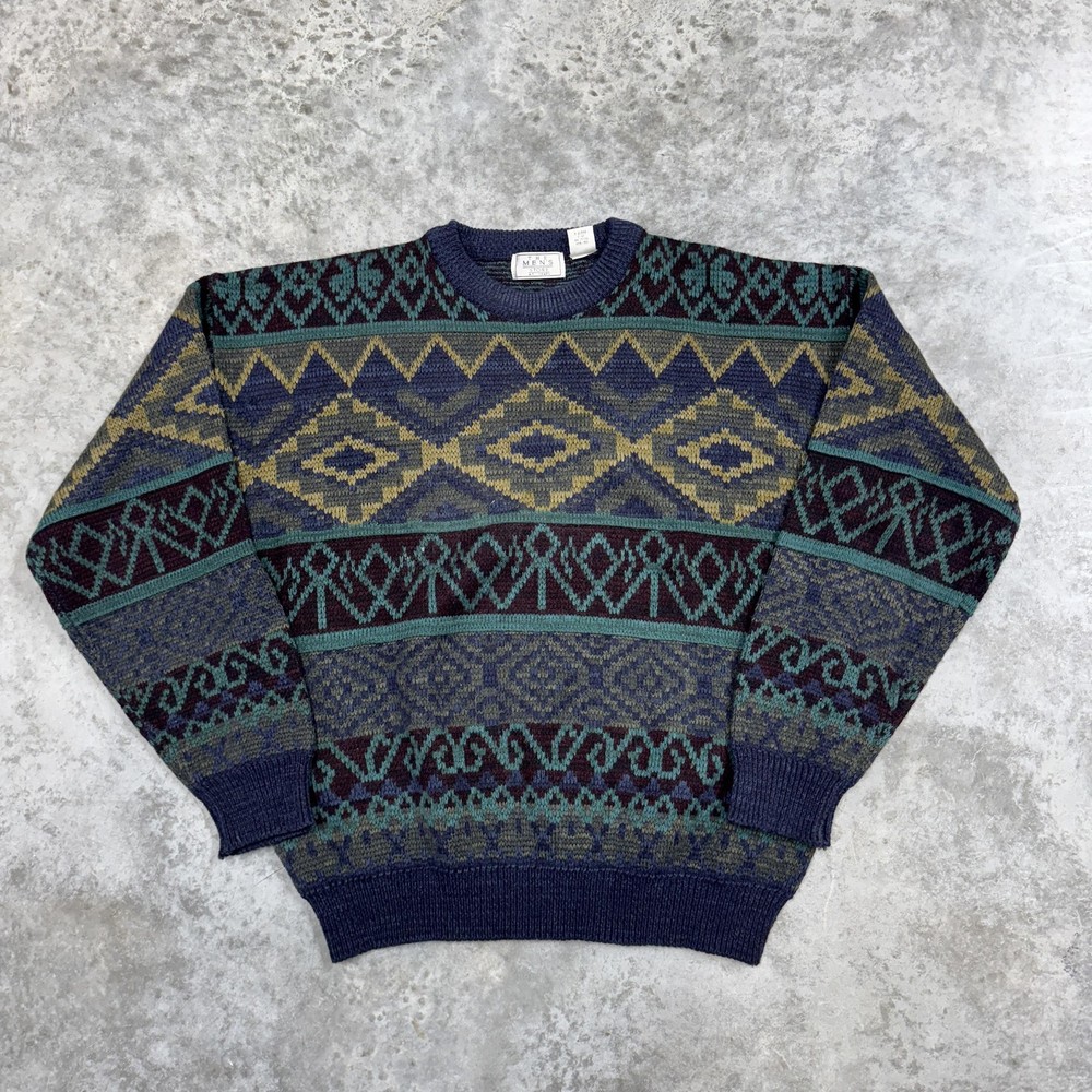 VINTAGE Sears Men's Store Sweater Mens Large Navy Multi Geometric Aztec 90s
