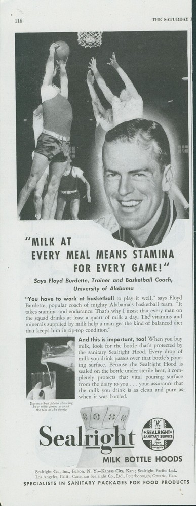 1948 University of Alabama Basketball Sealright Sanitary Milk Vtg Print Ad SP14