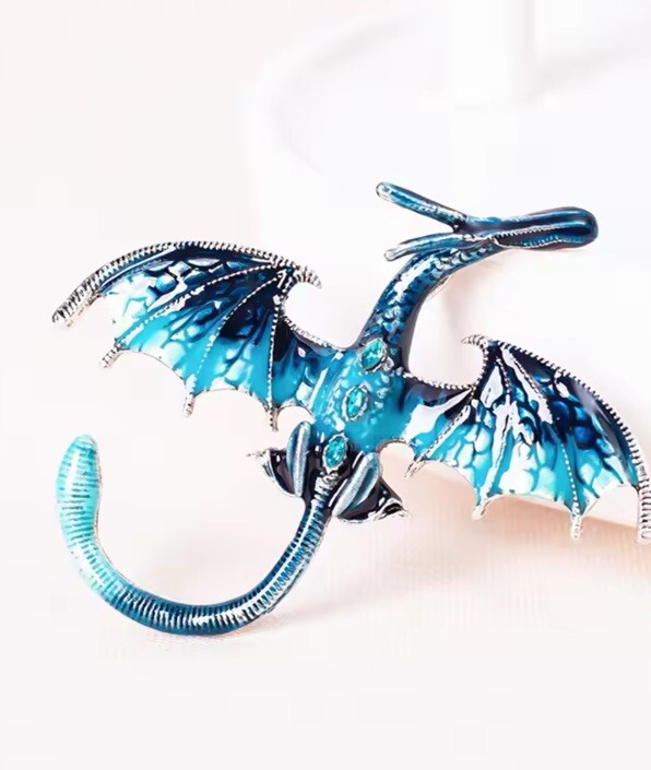 New Design Blue And Silver Flying Dragon Brooch Crystal Pin Gift Retro Enamel