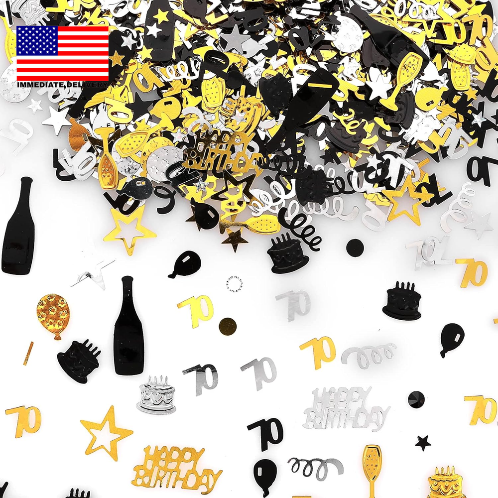 3000 Piece Birthday & Anniversary Confetti - 70Th Style, Black, Gold & Silver Pa