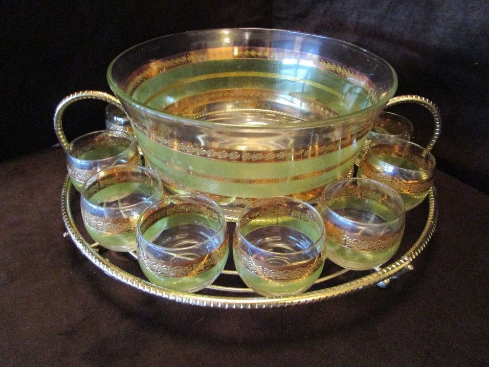 Vintage 1960s STARLYTE Roly Poly Green & Gold Glass Punch Bowl Set 14 Pc Mid-Century  