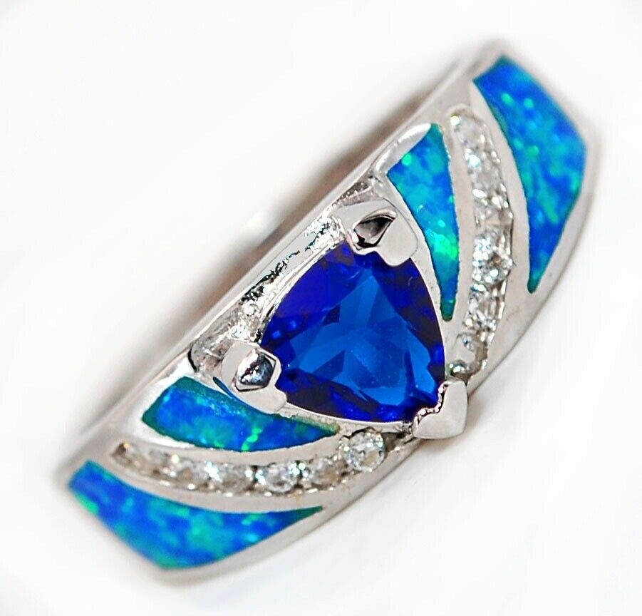2CT Treated Sapphire & Australian Opal Inlay 925 Sterling Silver Ring Sz 7 BA2