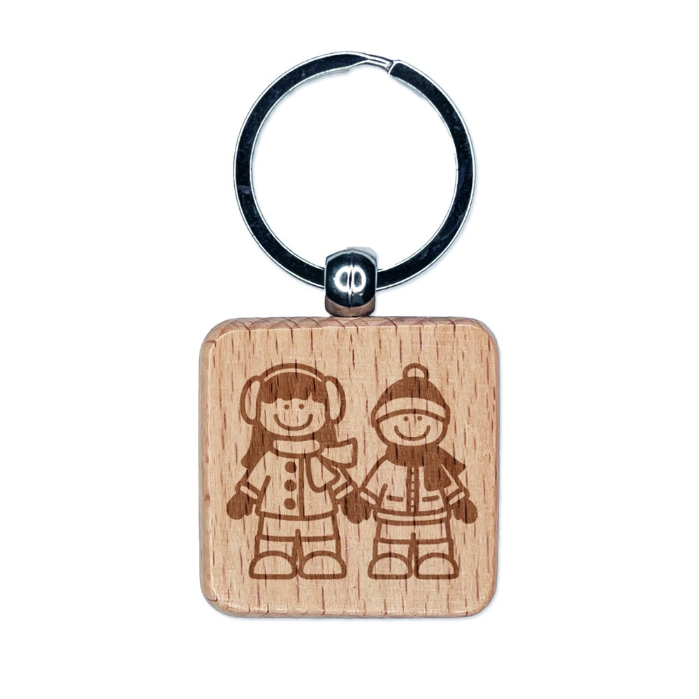 Winter Kids Stick Figure Engraved Wood Keychain Charm Tag  