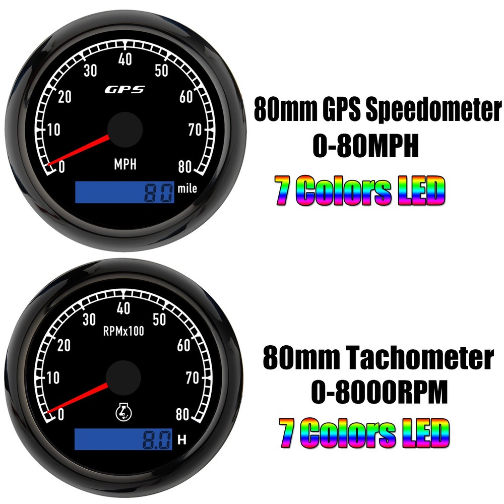 2 Gauge Set Waterproof 80mm GPS Speedometer 80MPH&Tachometer 80000RPM Gauge