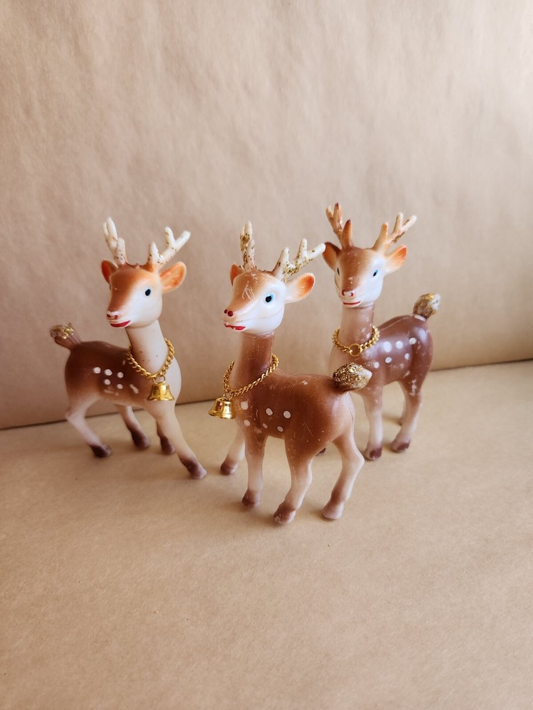 3 Vintage Soft Plastic Reindeer Figurines Holiday Christmas