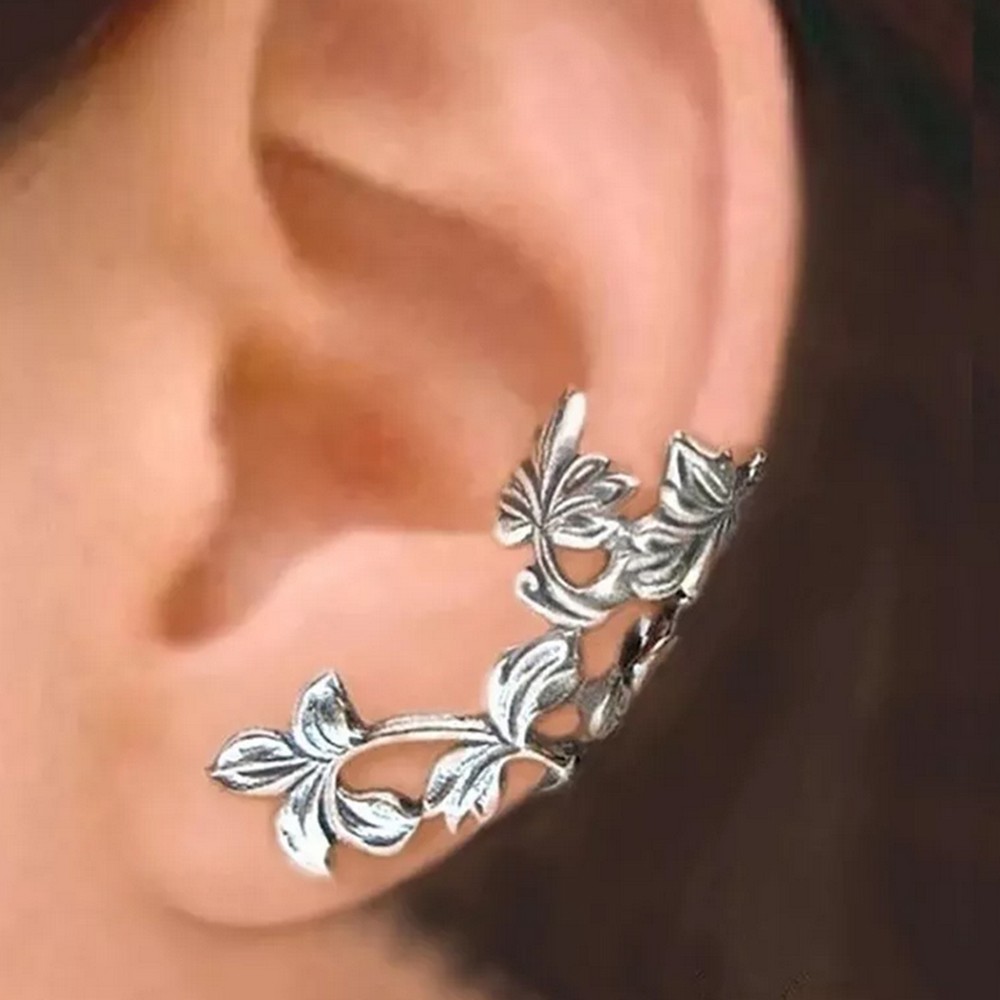 Silver Floral Hollow Flower Leaf Clip-On Ear Cuff No Piercing Required