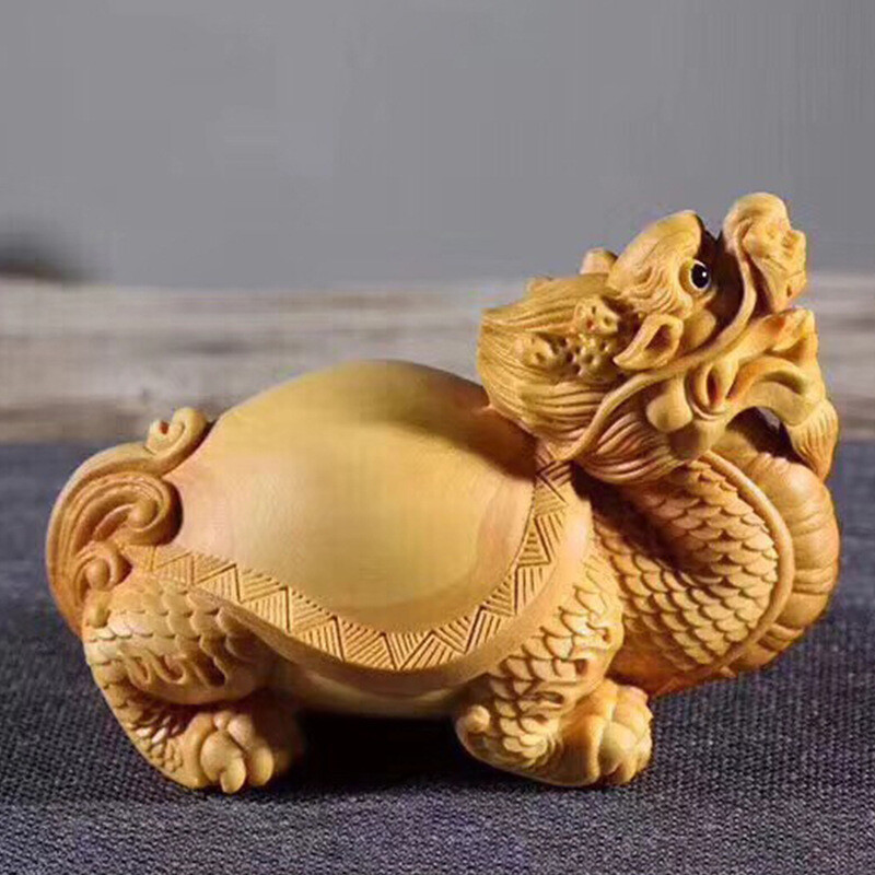2.7 Inch Chinese Boxwood Dragon Turtle Carving Huang-yang Wood Statue