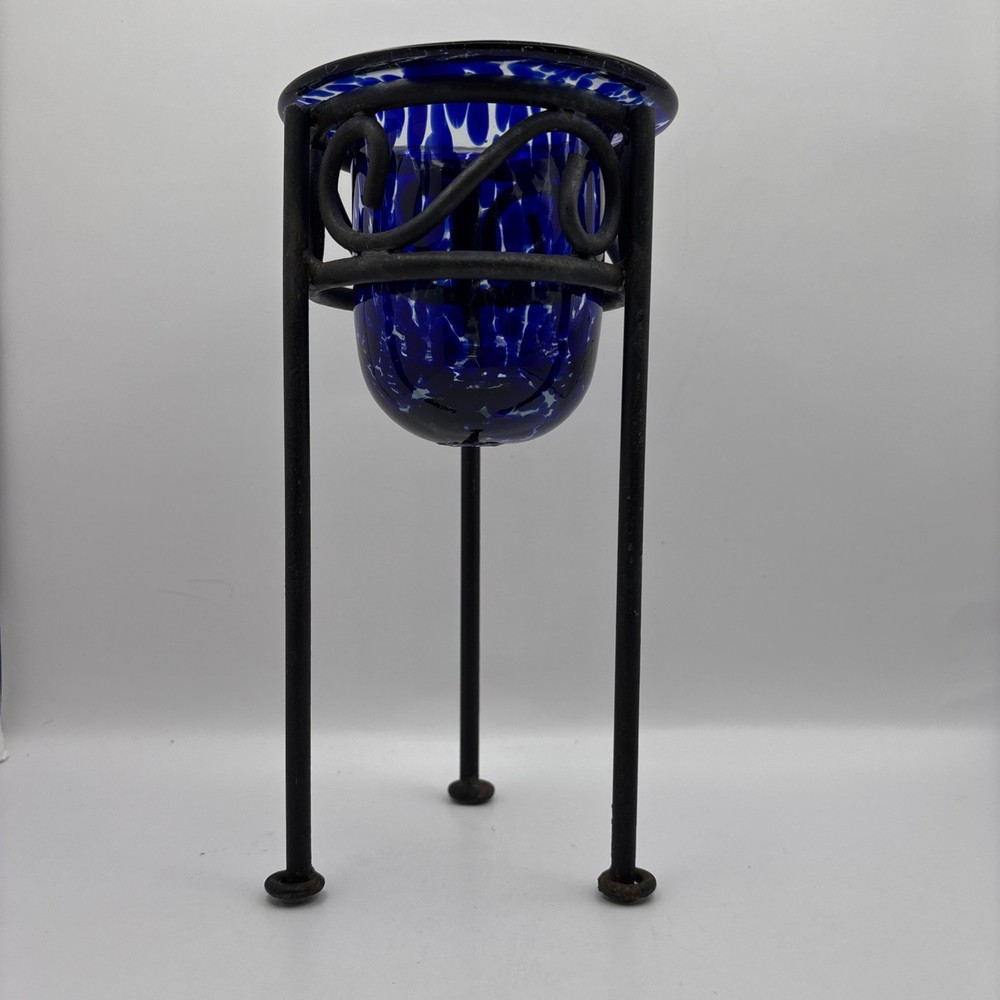 Handblown Blue Clear Glass Candle Holder on Black Metal Stand