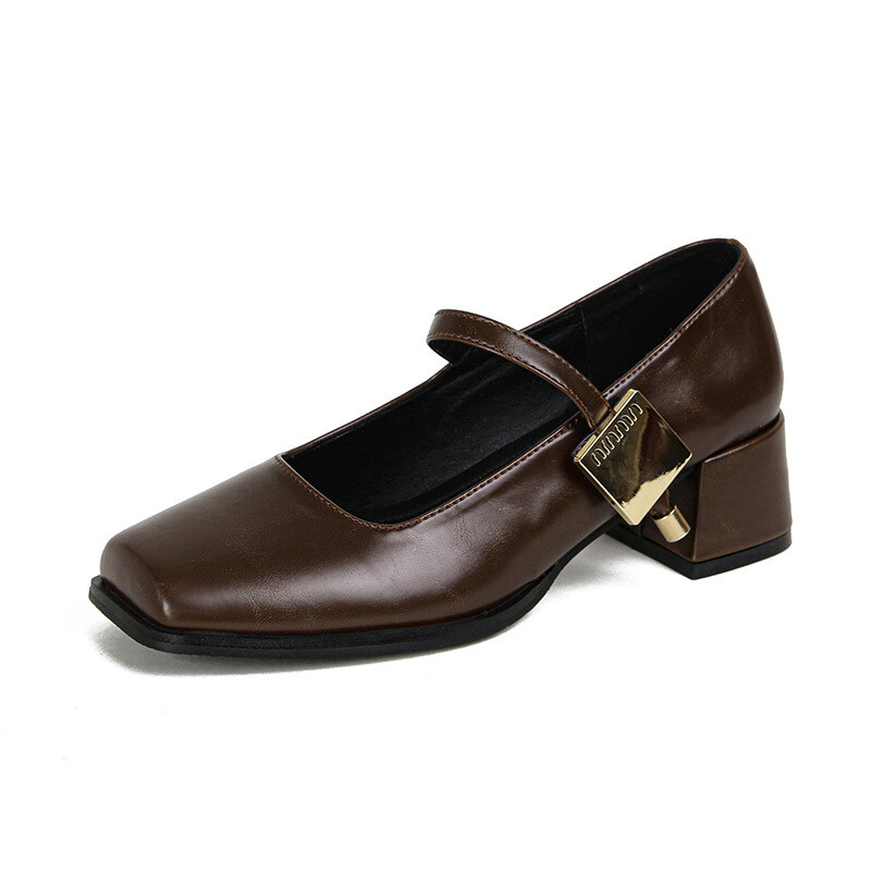Square Head Thick Heel Autumn Faux Leather with Large Size Single Shoes Woman