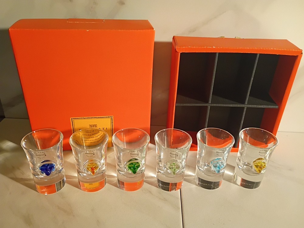 Set of 6 SALVIATI Shot Glasses with Colorful Faces ~ Unique And Rare NIB