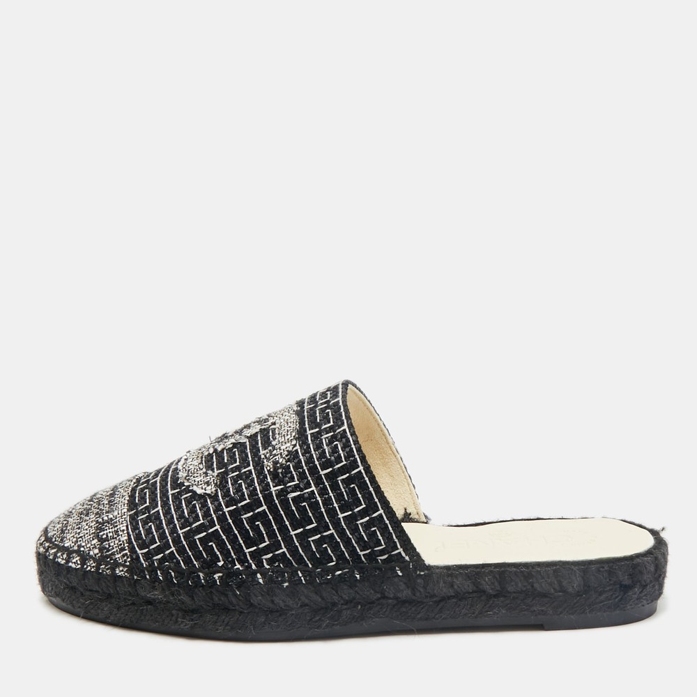 Chanel Black White Tweed CC Espadrille Mules Size 36
