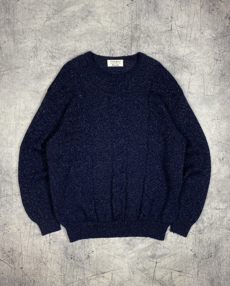 Gianni Bugli Milano Wool Mohair Crew Neck Cable Knit Blue Sweater Men’s Sz Large