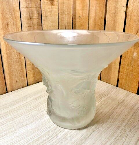 Frosted Glass Rose Bowl Vase with Flared Top 7 Inch Tall 9.25 Inch Diameter Raised Roses Design