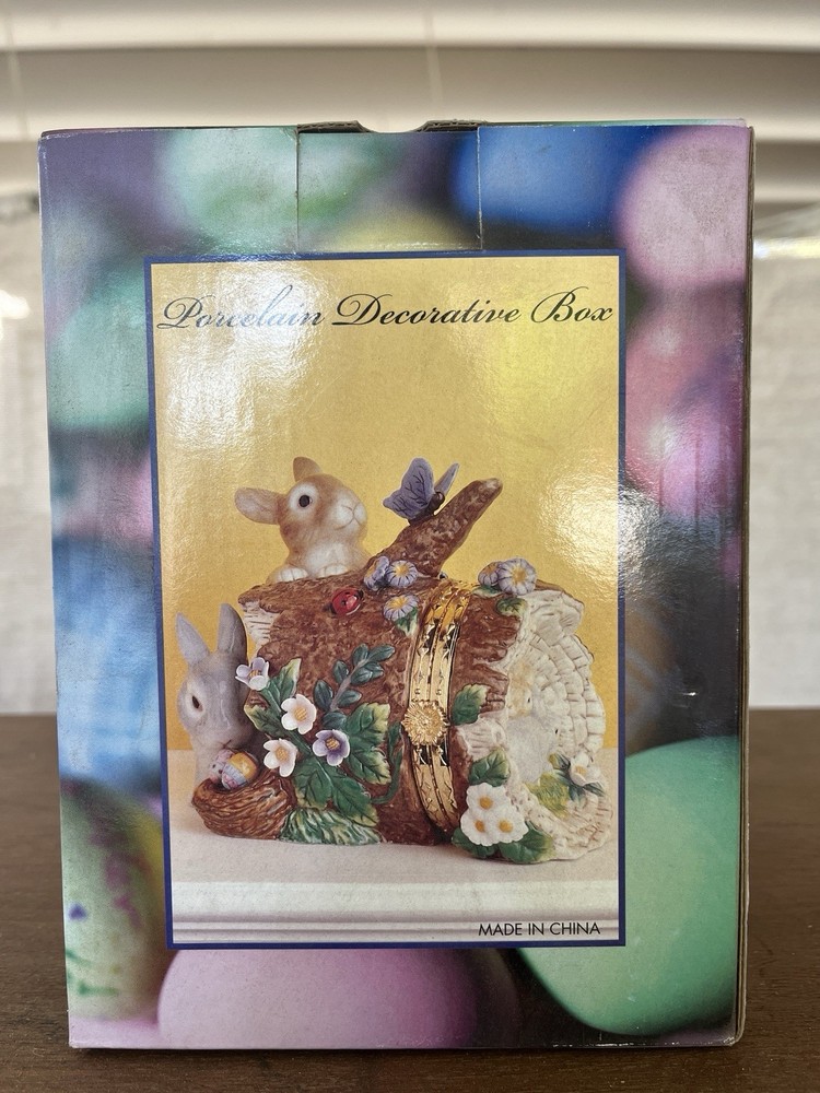 Vintage Rabbit Family Easter Porcelain Hinged Trinket Box with Original Packaging