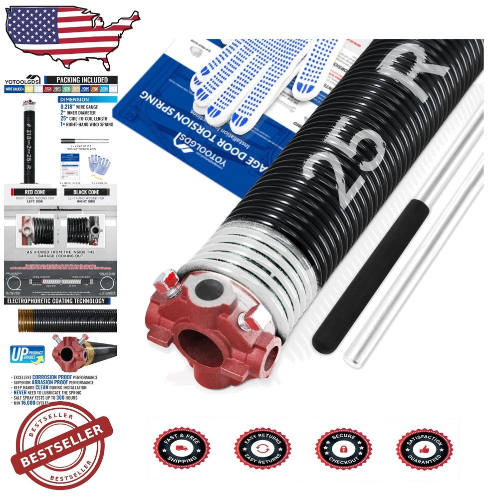 Heavy Duty 2-Inch Garage Door Torsion Spring Kit with Non-Slip Bars and Safety Gloves