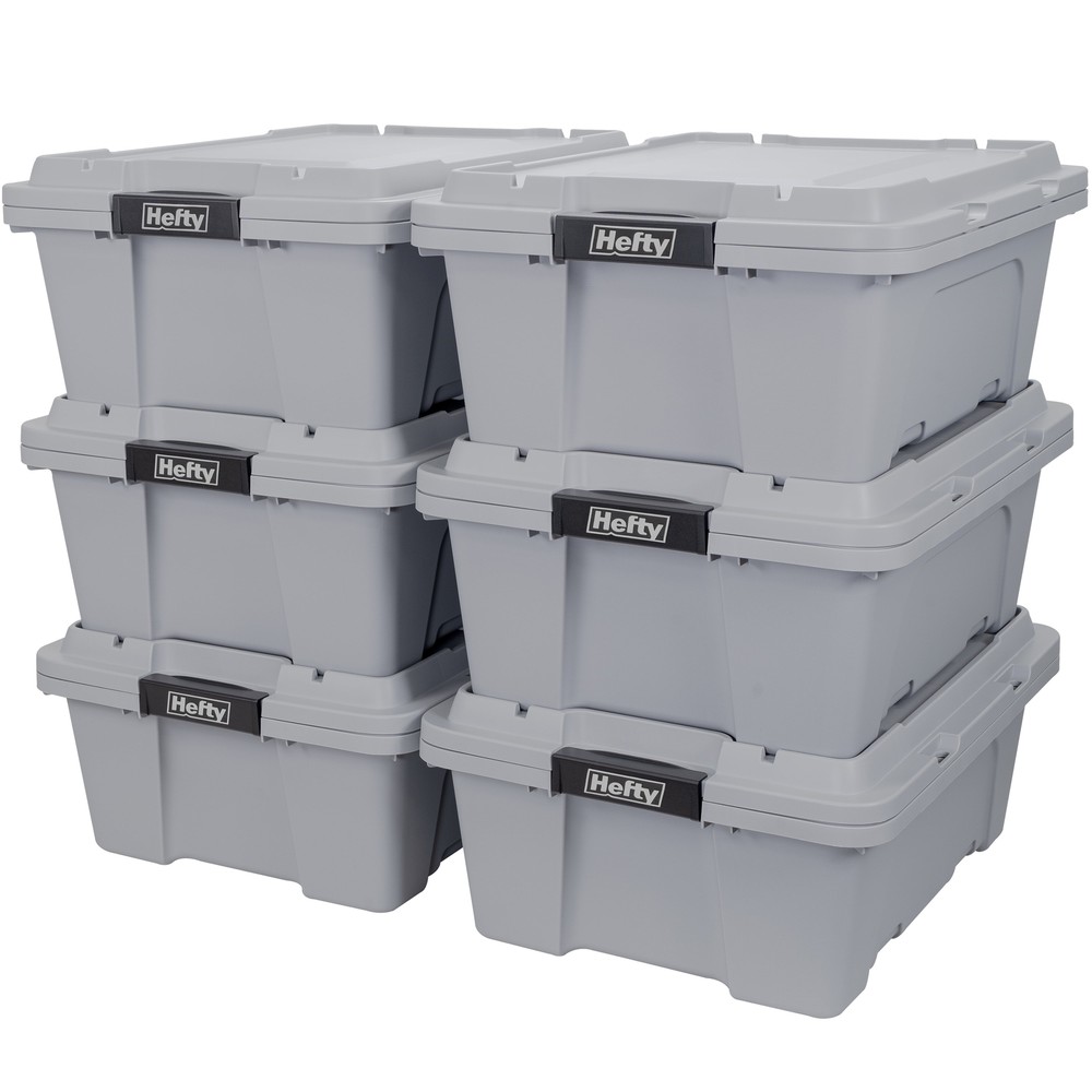 12-Gallon Heavy-Duty Gray Plastic Storage Totes, 6-Pack