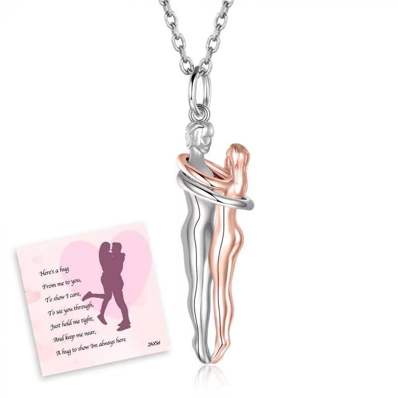 Hug Couple Necklace 925 Sterling Silver Hugging Pendant & Rose Gold