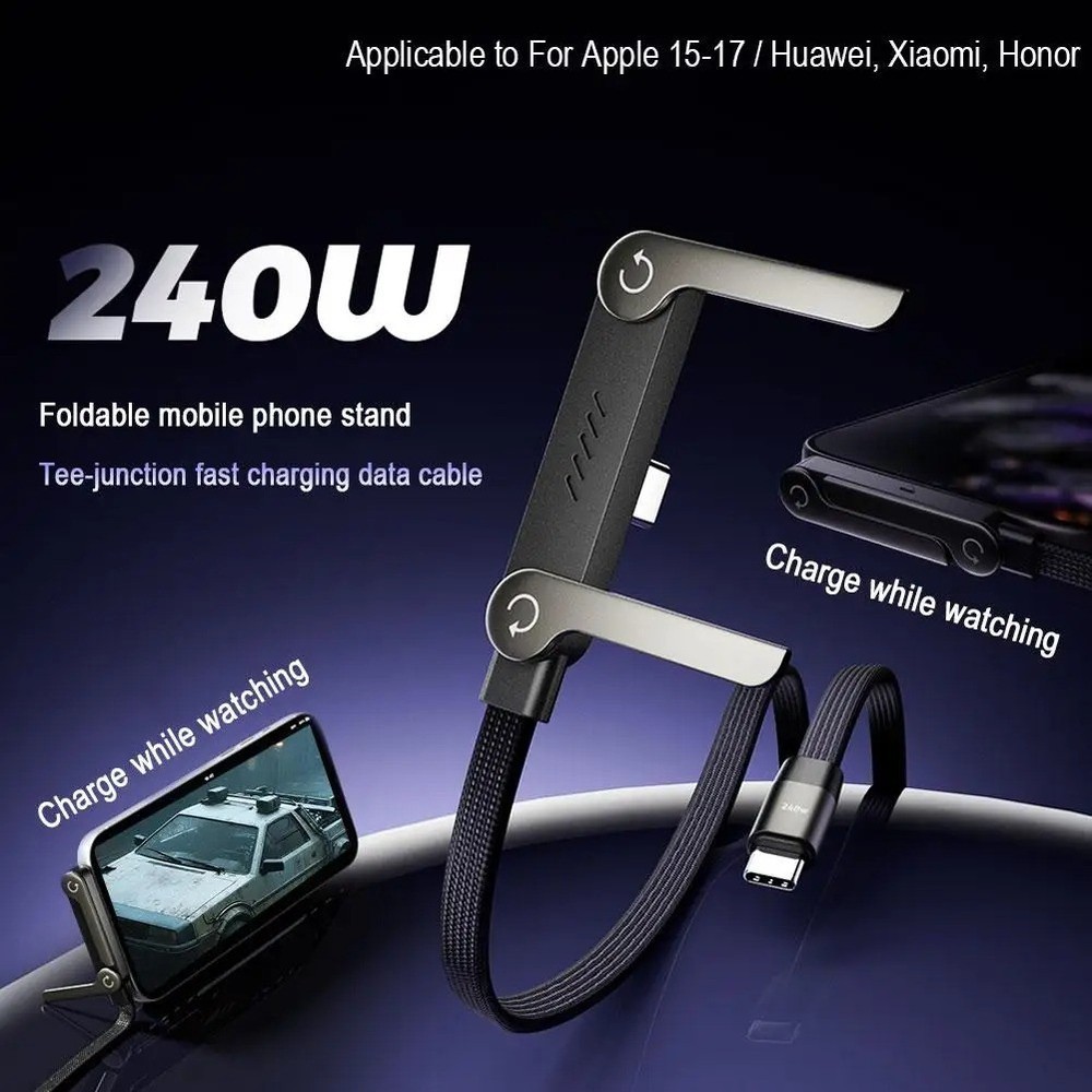 240W Fast Charging Cable & Invisible Phone Stand | Type-C to Type-C Braided Cord