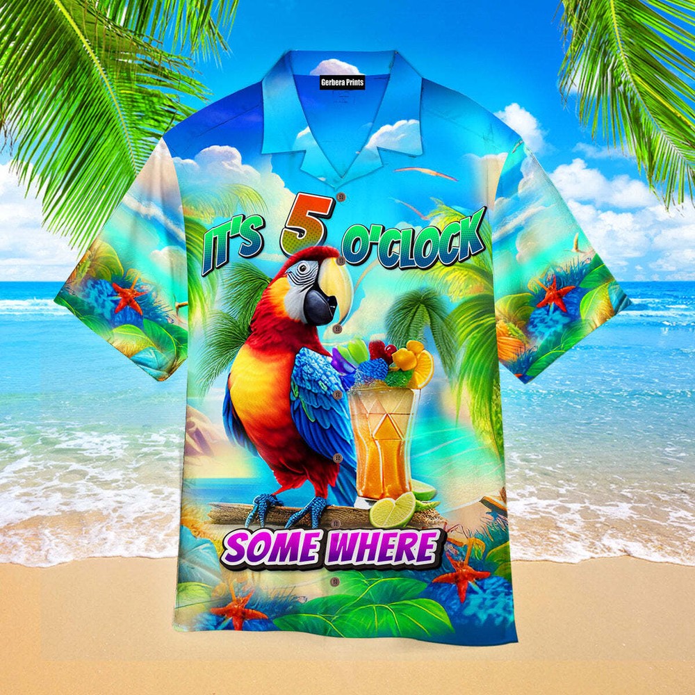 Its Five OClock Somewhere Tropical Parrot Aloha Hawaiian Shirts for Men and Women, Vibrant Summer Beach Party Wear