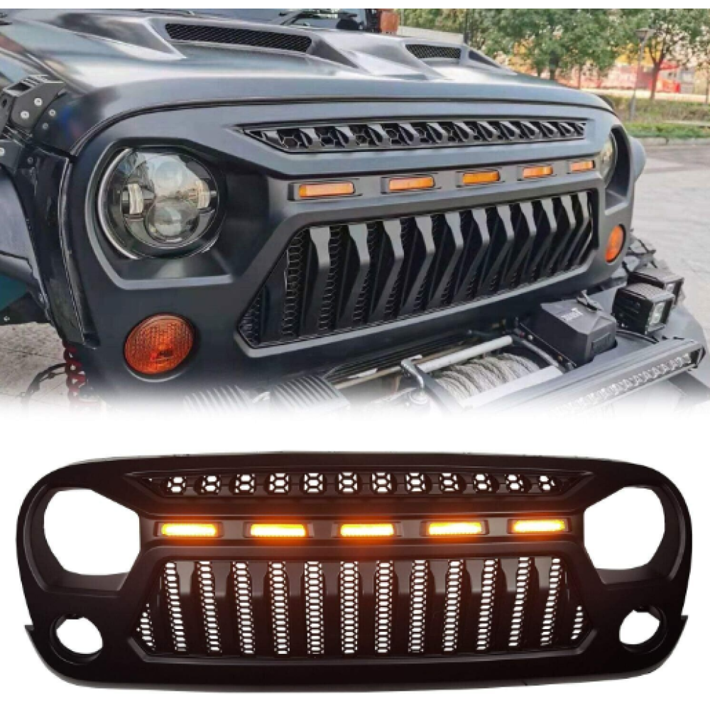For 2007-2017 Jeep Wrangler JK with LED Lights Matte Black Front Grille