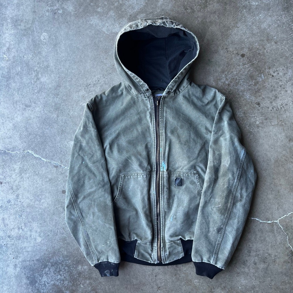 Vintage Carhartt J130 Quilted Hooded Jacket Green Large Distressed Thrashed