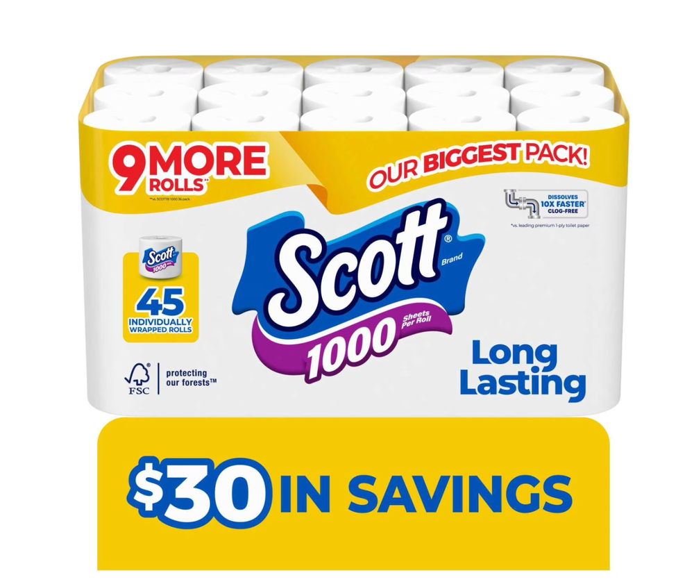Scott 1000 1-Ply Toilet Paper 45 rolls, 1,000 sheets/roll