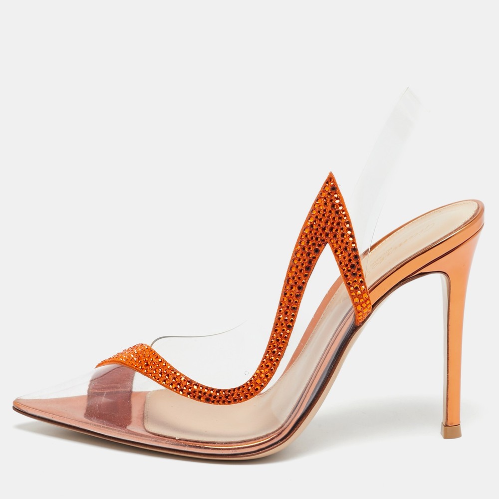 Gianvito Rossi Hortensia PVC Suede Pumps in Transparent Orange with Embellishments