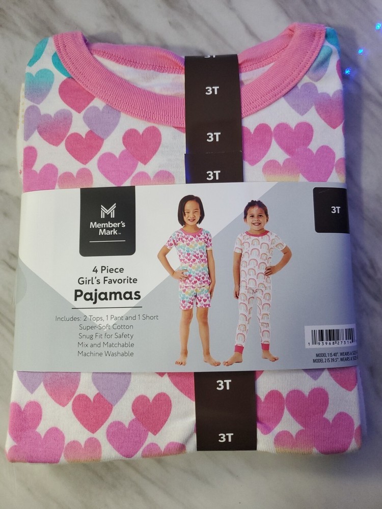 Members Mark Girls 4-Piece Pajama Set Size 3T Hearts Rainbows-image