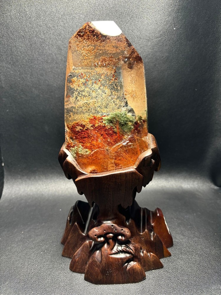 3.58LB Natural Crystal Ghost Quartz Healing Mineral Specimen Home Decor + Stand