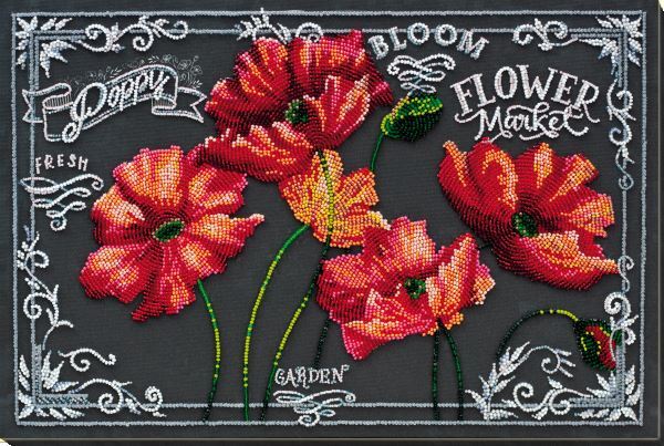 Bead embroidery kit Velvet poppies needlework kit Art canvas beadwork pattern