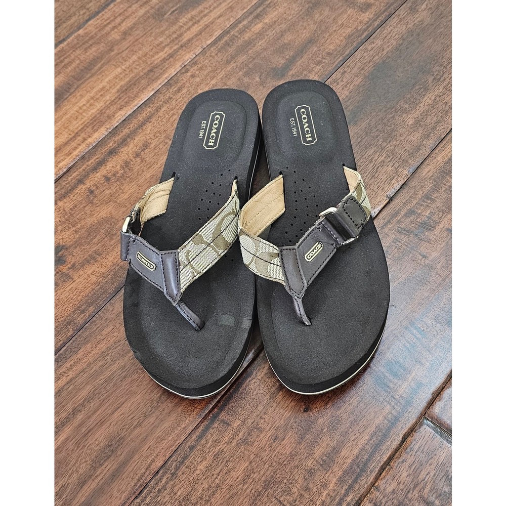 COACH Women's Flip Flops Wedge Thong Round Toe Brown Color Logo Print Size 9.5