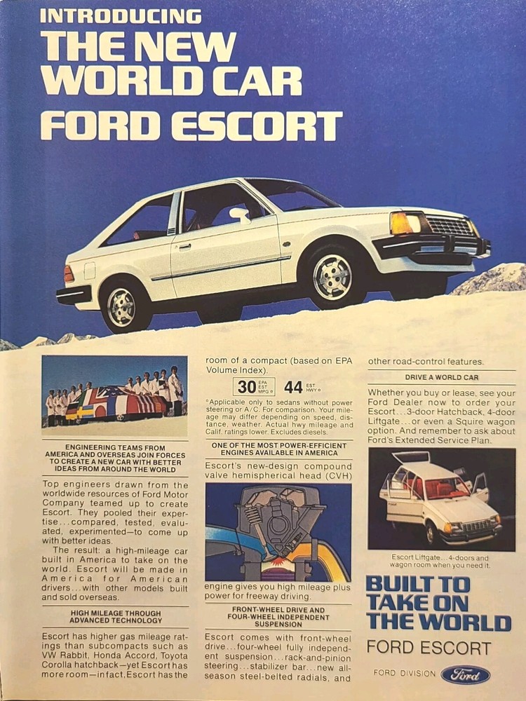Ford Escort White Hatchback Car Liftgate 4 Door Wagon Vintage Print Ad 1980