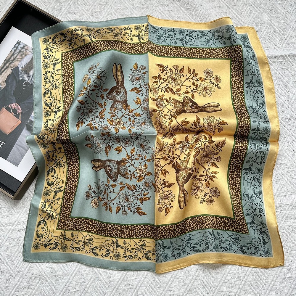 100% Silk Green Gold Rabbit Scarf Bandana Neck Hairband for Women 53cm