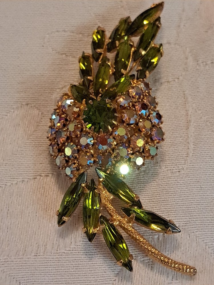 Vintage AB With Green Rhinestone Gold Tone Prong Setting Beautiful Brooch