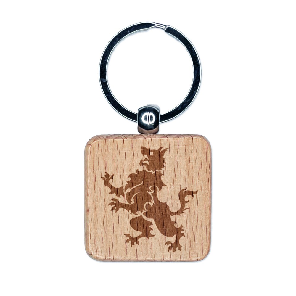 Heraldic Wolf Engraved Wood Square Keychain Tag Charm